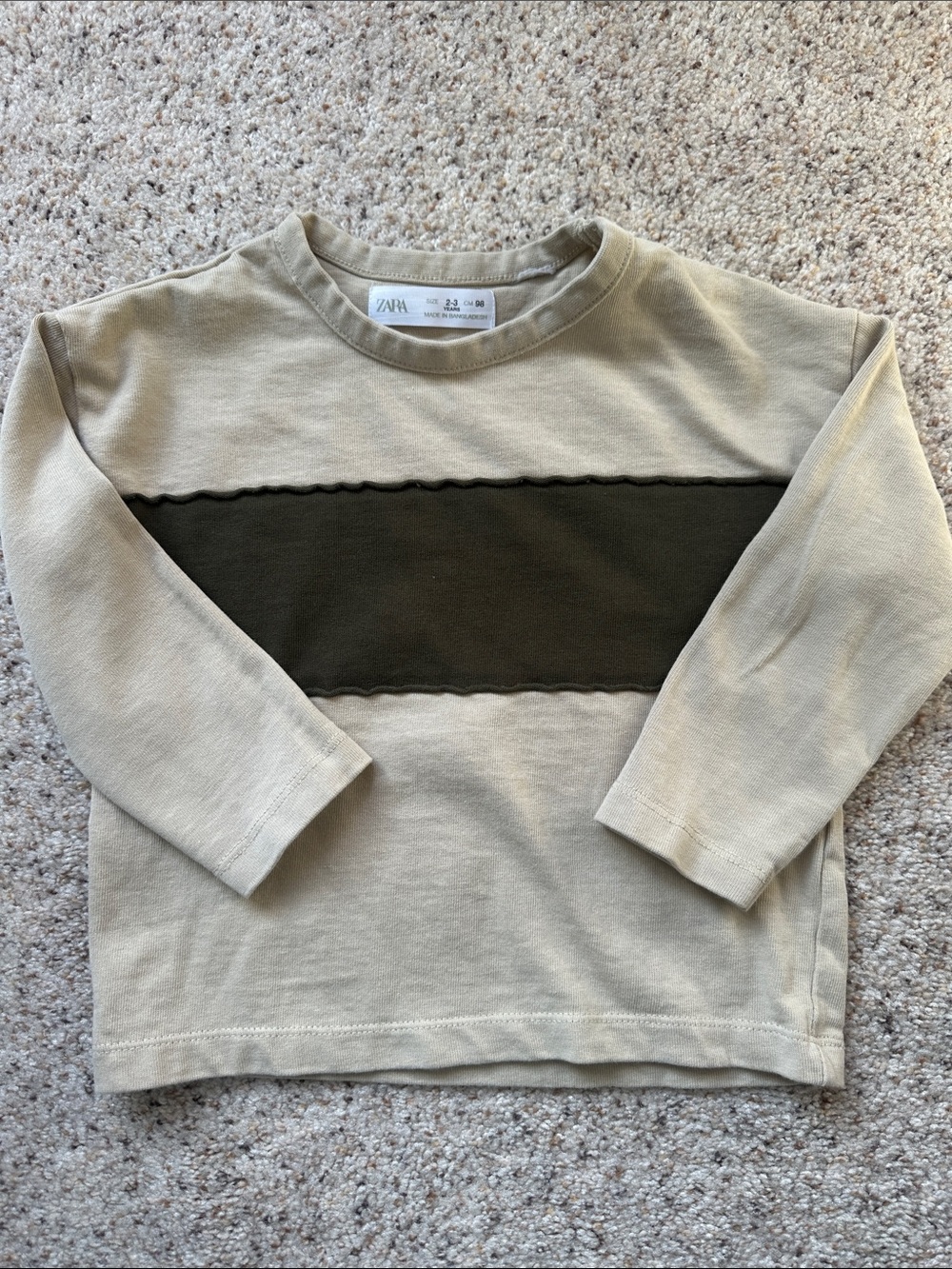 Zara Kids Beige Top with Olive Green Chest Stripe